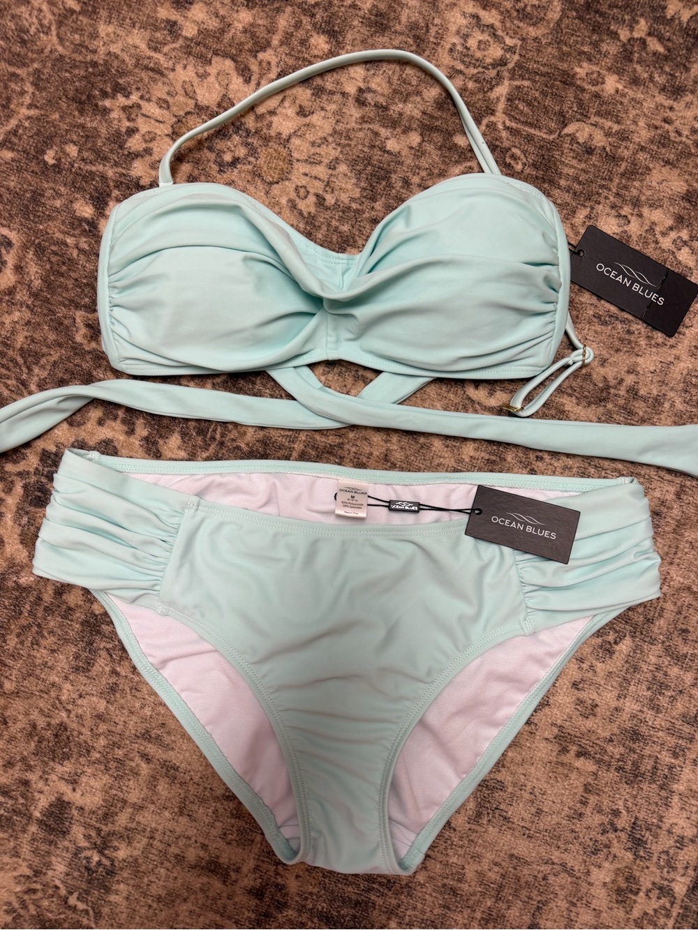 Ocean Blues Bandeau Strapless Baby Blue Aqua Matching Swim Set